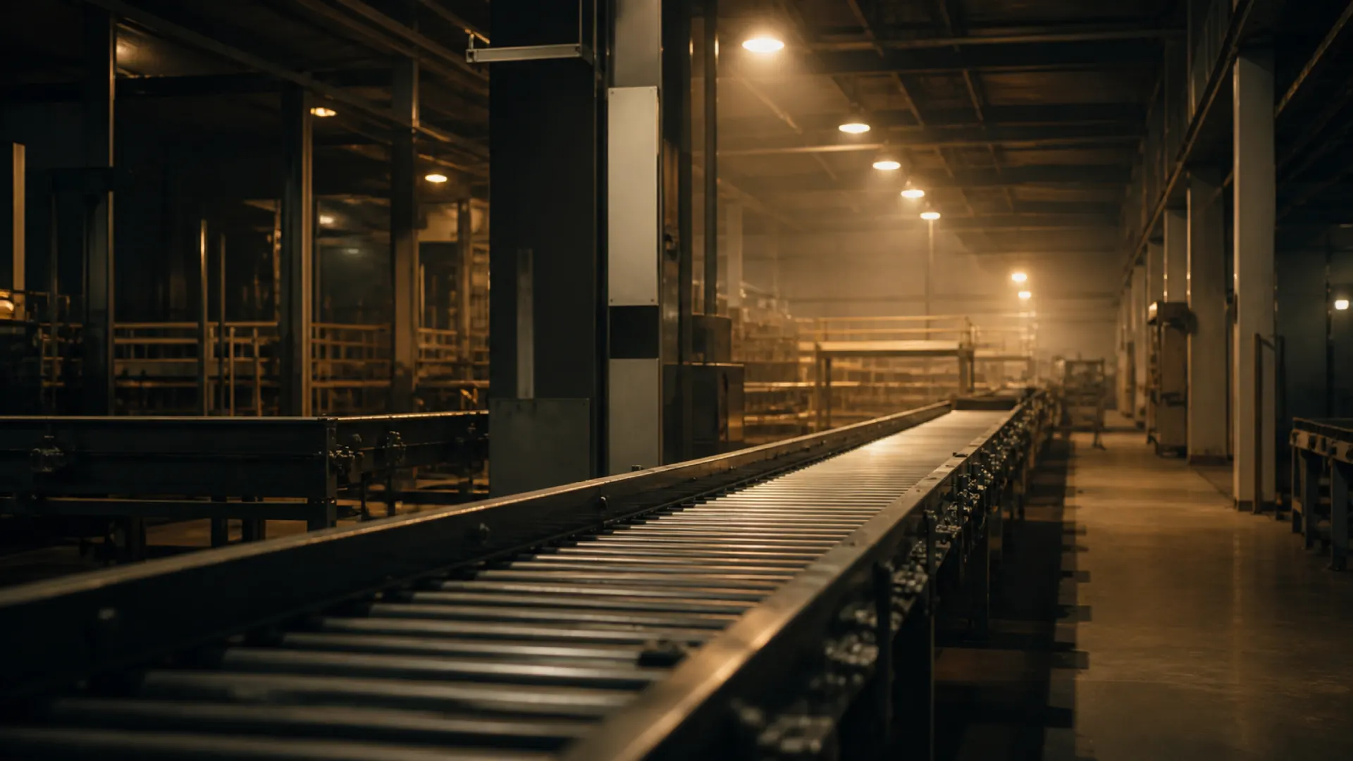 Linha de produção vazia em uma fábrica limpa, com luz quente